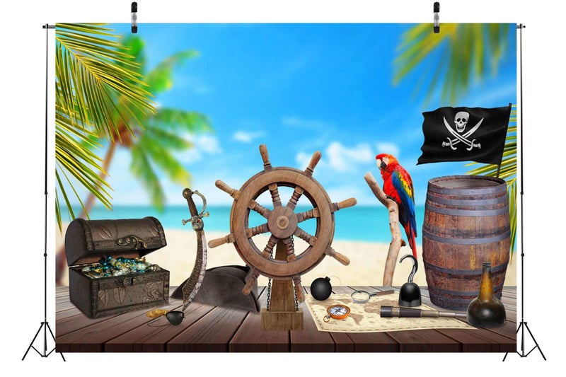 BELECO 7x5ft Fabric Pirate Backdrop for Photography Beach Pirate Ship Wooden Rudder Treasure Map Jewelry Box Barrel Parrot Background Halloween Pirate Party Decor Kids Birthday Photoshoot Photo Props - Image 4